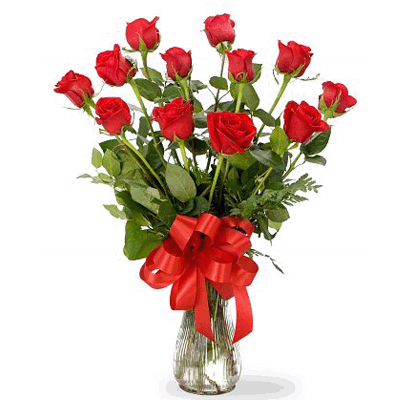 12 red roses arrangement in vase